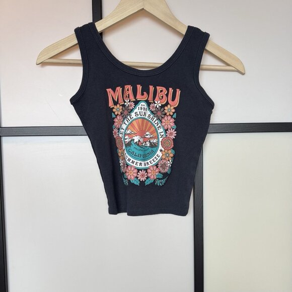 MALIBU ribbed Tank Top Crop Graphic Size SMALL California Y2K Beach Summer Boho - Picture 1 of 9